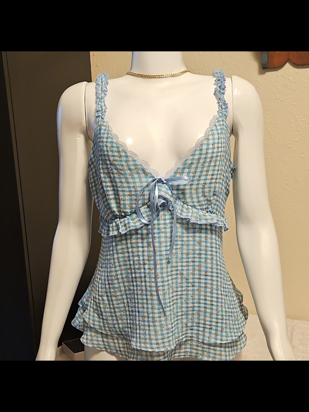 Princess Polly Blue Gingham Ruffle Tie-Front Cami